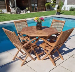 1m Teak Octagonal Folding Table With 4 Kiffa Folding Chairs / Armchairs -CHARA Garden Shop 20230906 112027 jpg