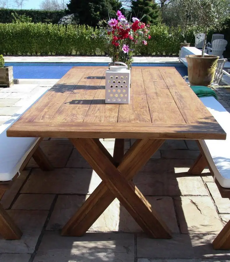 3m Reclaimed Teak Outdoor Open Slatted Cross Leg Table - Image 2