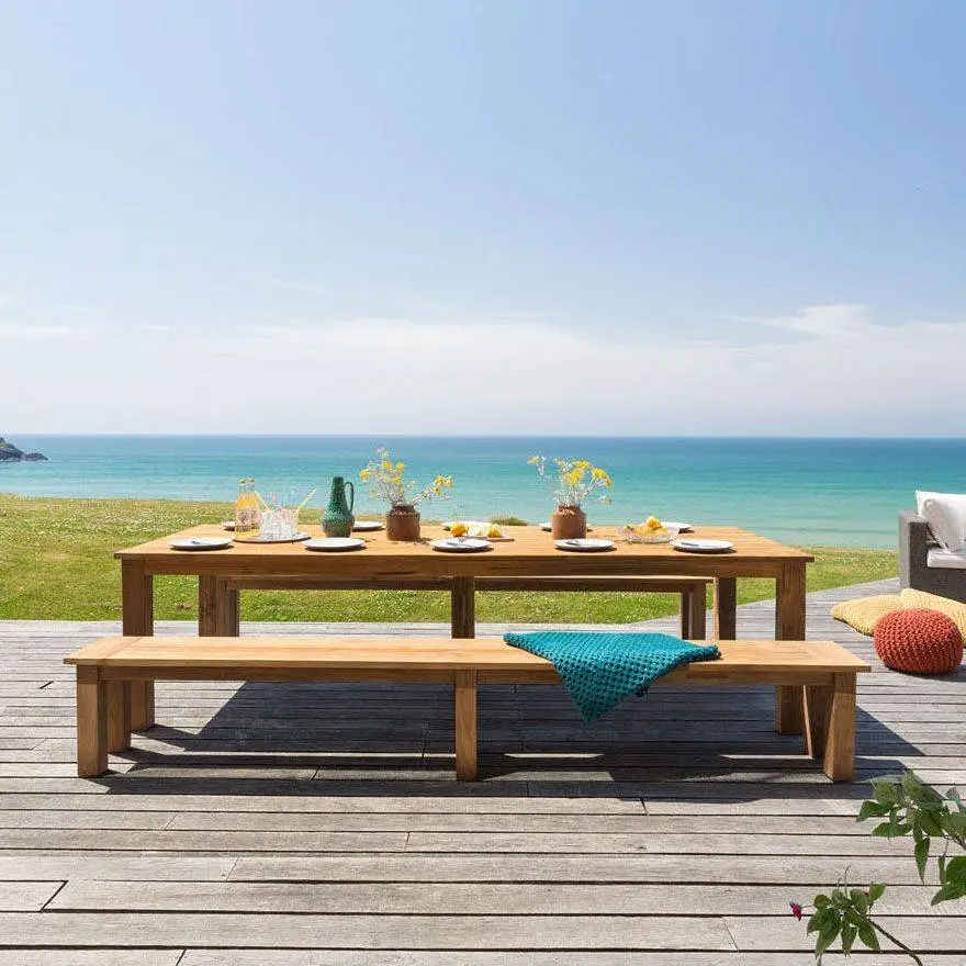 3m 10 Seater Reclaimed Teak Outdoor Open Slatted Table With 2 Backless Benches - Image 2