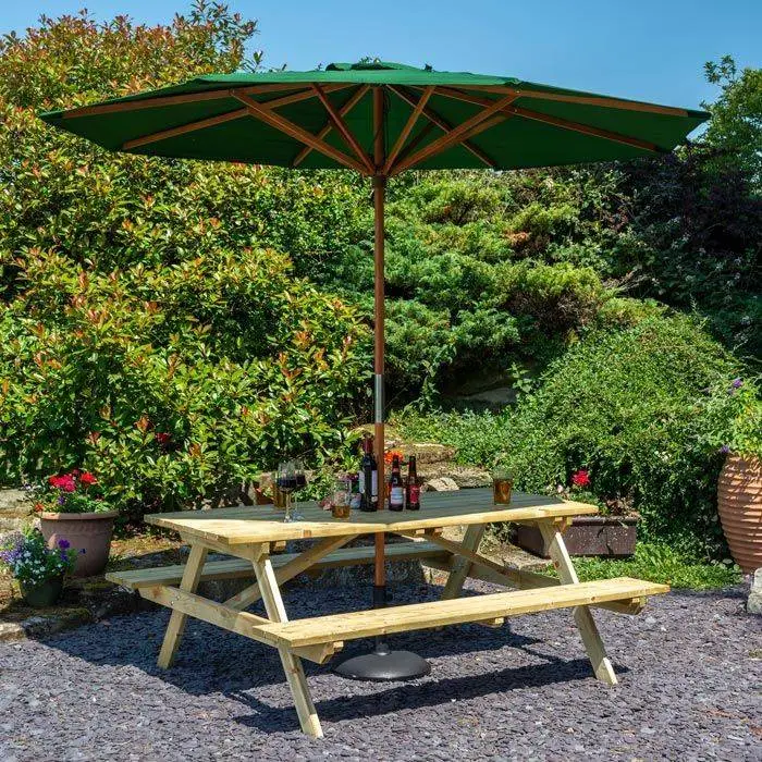 6ft Picnic Table With Green Parasol & Parasol Base 3 6ft Picnic Table With Green Parasol & Parasol Base