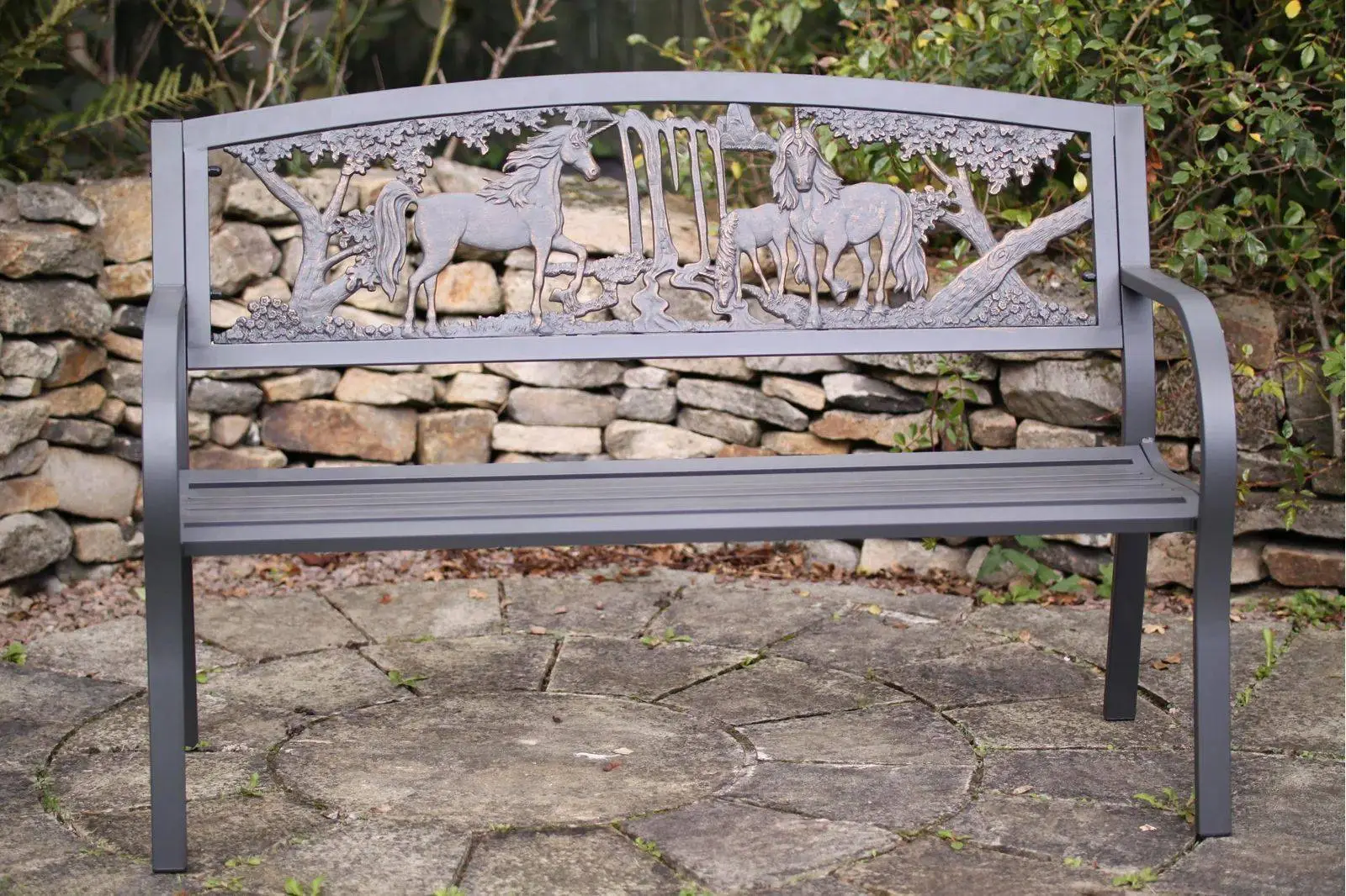 Steel Framed Cast Iron Bench With Unicorn Scene - Image 2